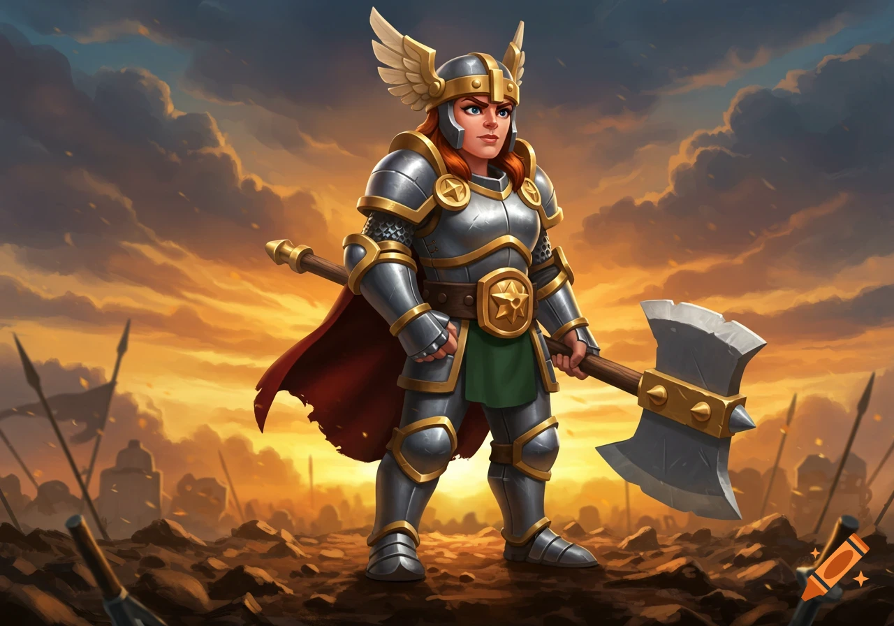 A stylized female warrior in silver and gold armor, holding a large axe, stands on a battlefield at sunset.