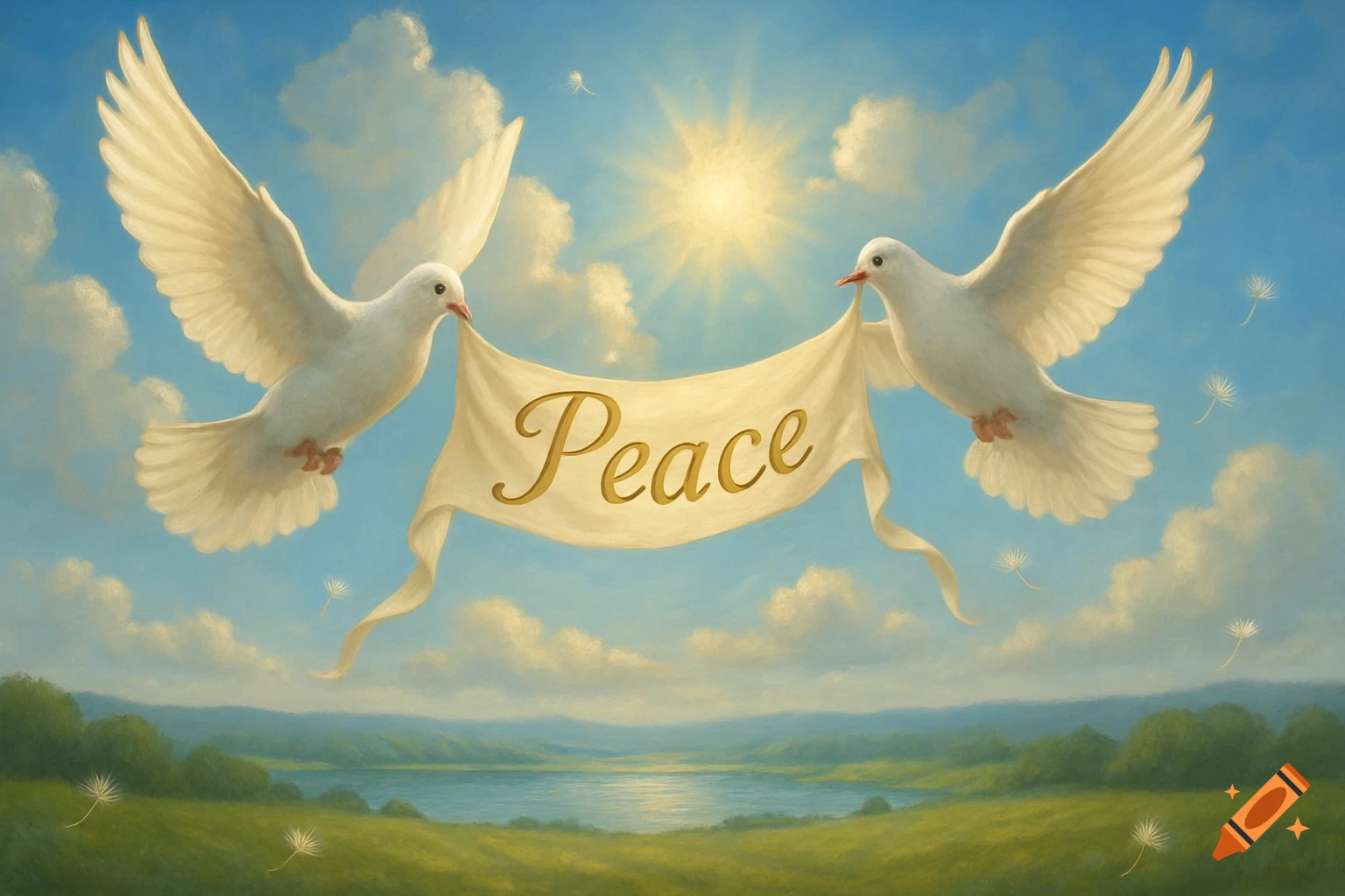 Two white doves fly in a bright sky, holding a banner with the word 'Peace' over a serene landscape with a lake.