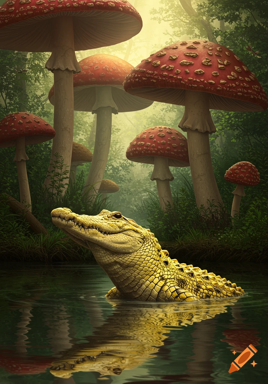 A yellow alligator emerges from water, surrounded by towering red and white spotted mushrooms in a misty, lush forest.