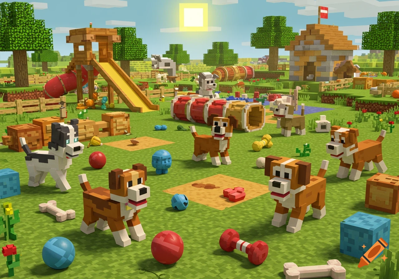 Minecraft dogs playing with toys and balls on a grassy playground with a slide, tunnels, and a dog house in a farm world.