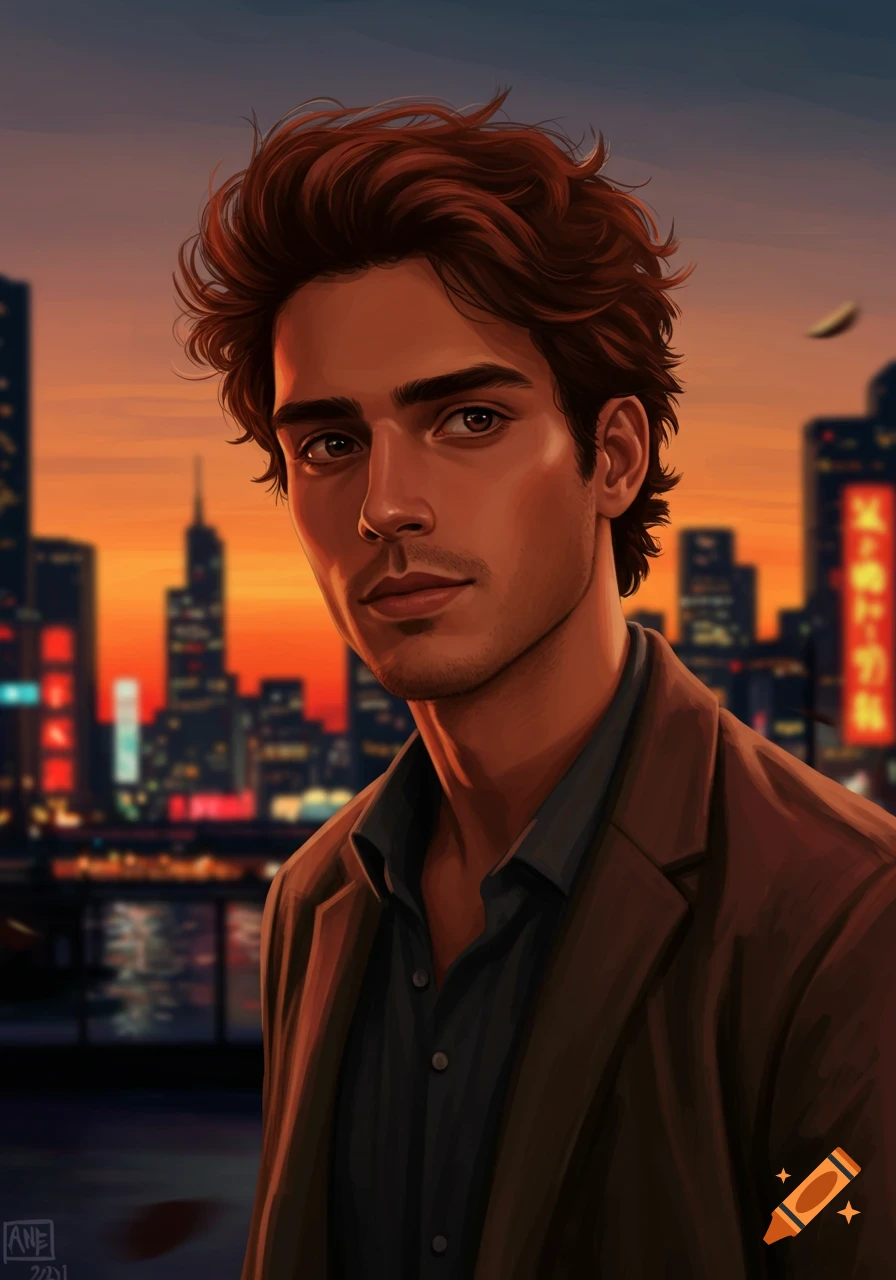 A digital art portrait of a man with brown hair and dark eyes, wearing a brown jacket over a dark shirt, against a blurry city skyline at sunset.