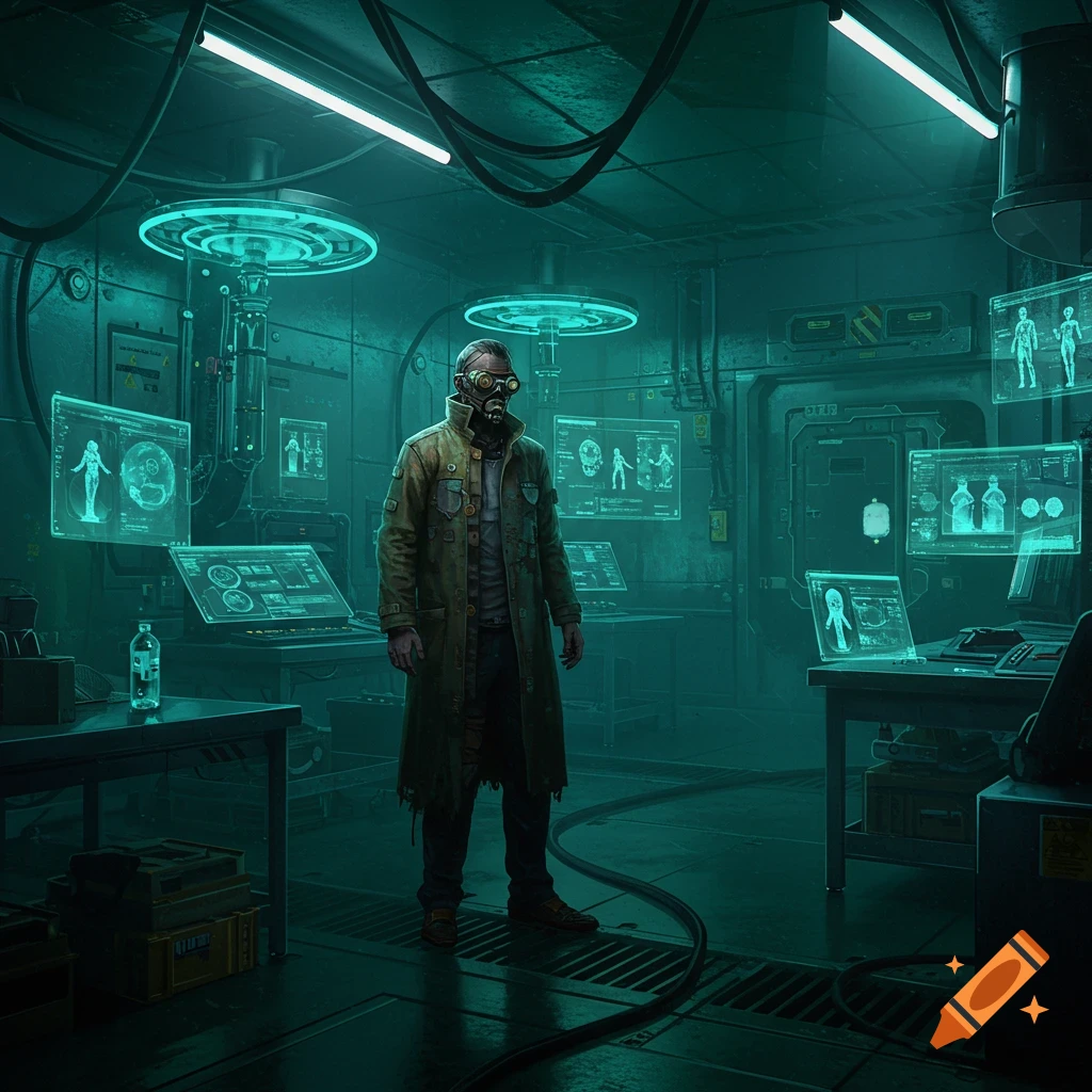 A rogue scientist in a worn coat stands in a moody, high-detail cyberpunk lab with glowing green/blue holographic screens.