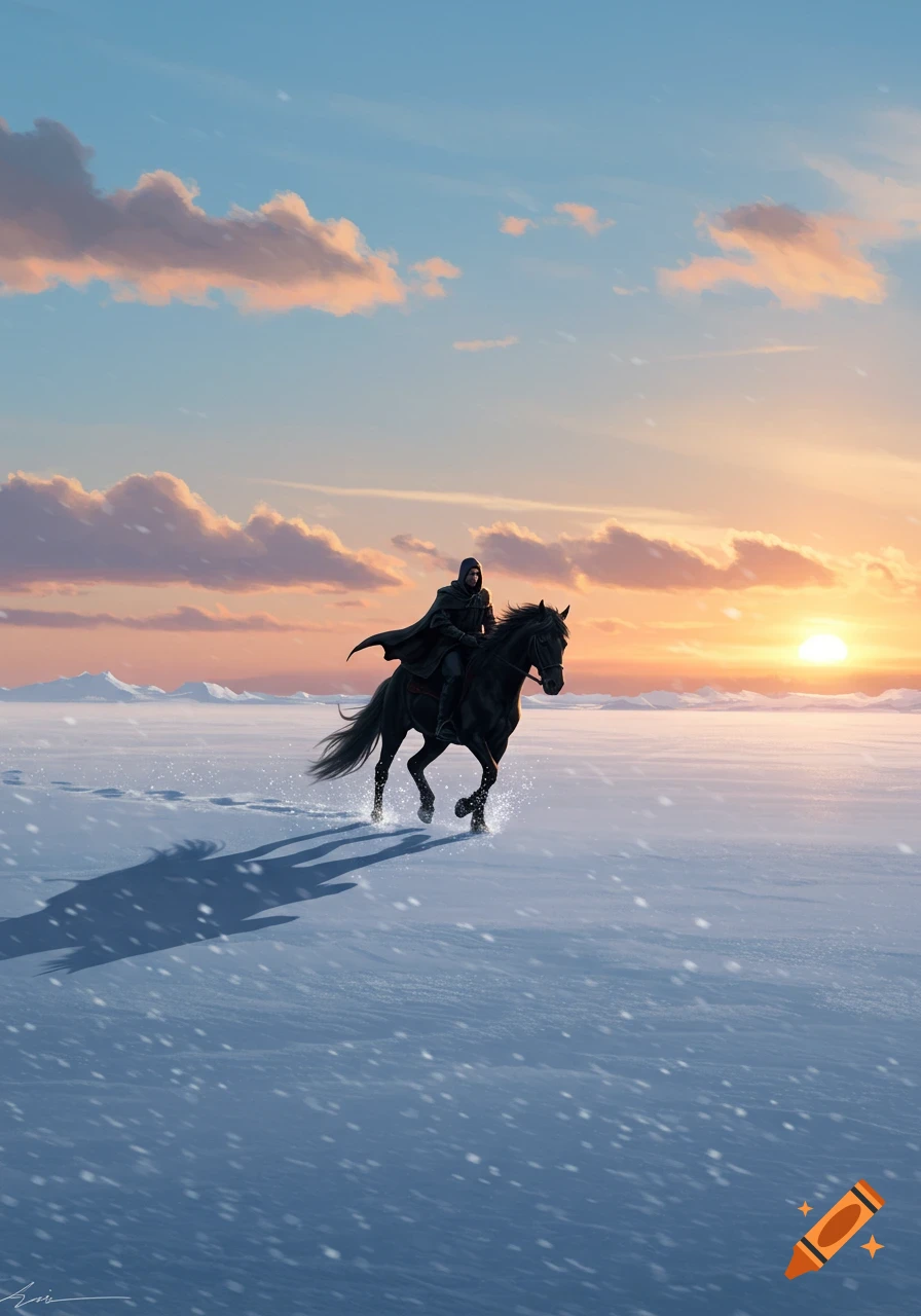 A cloaked figure on a black horse rides through a snow-covered arctic plain at sunset, with a vibrant sky.