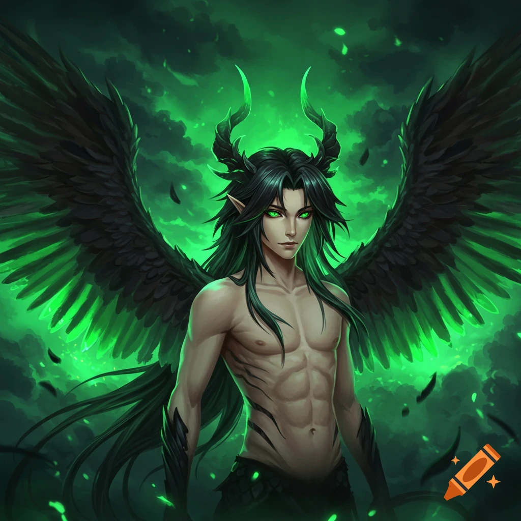 An anime-style fantasy character with long black hair, green eyes, horns, and large black wings against a glowing green background.