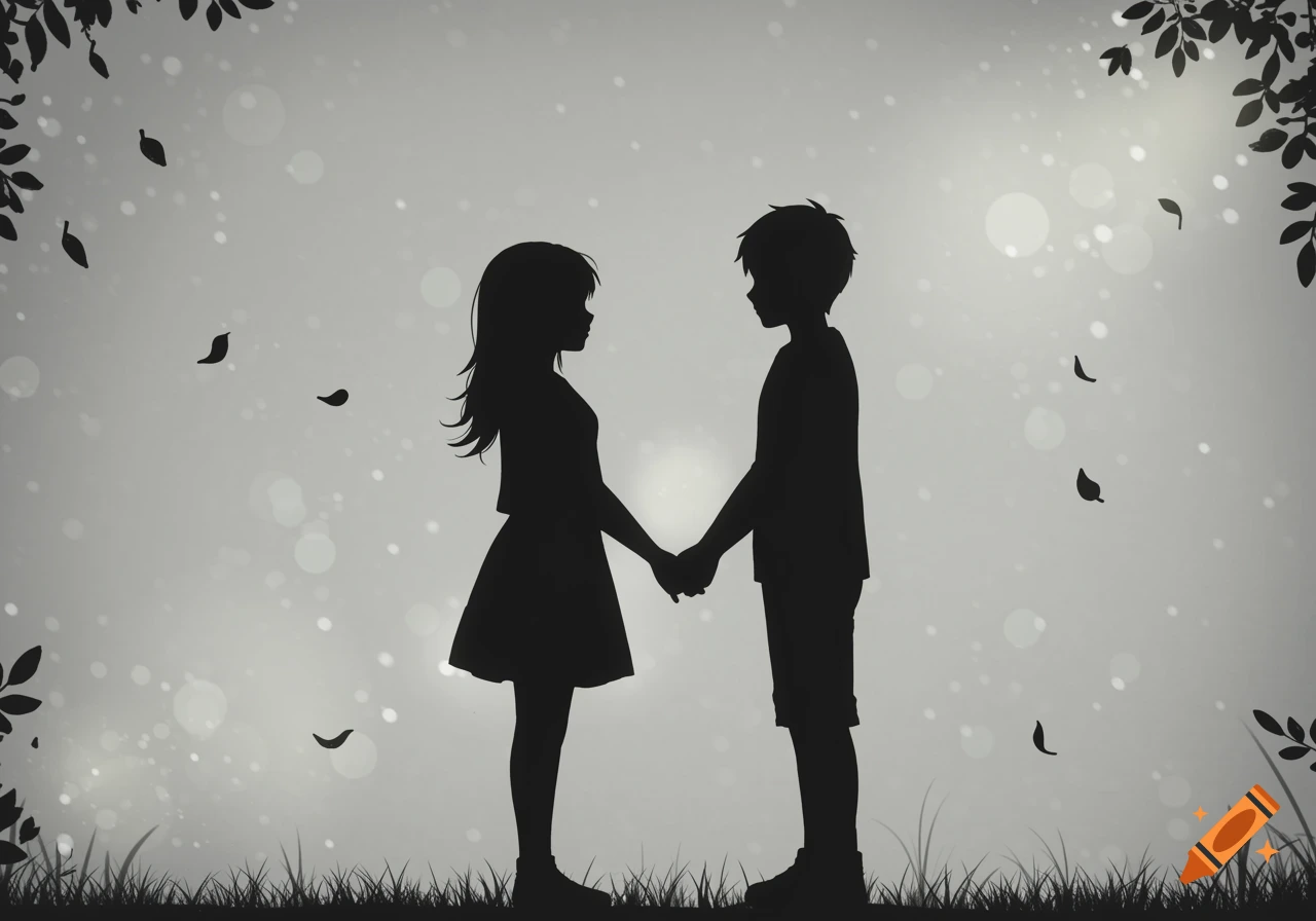 A silhouette illustration of a boy and girl holding hands against a grey background with falling leaves.