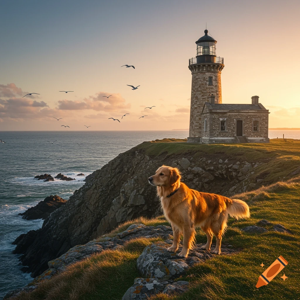 A golden retriever stands on a grassy cliff at sunrise, looking out at the ocean with a stone lighthouse in the background.