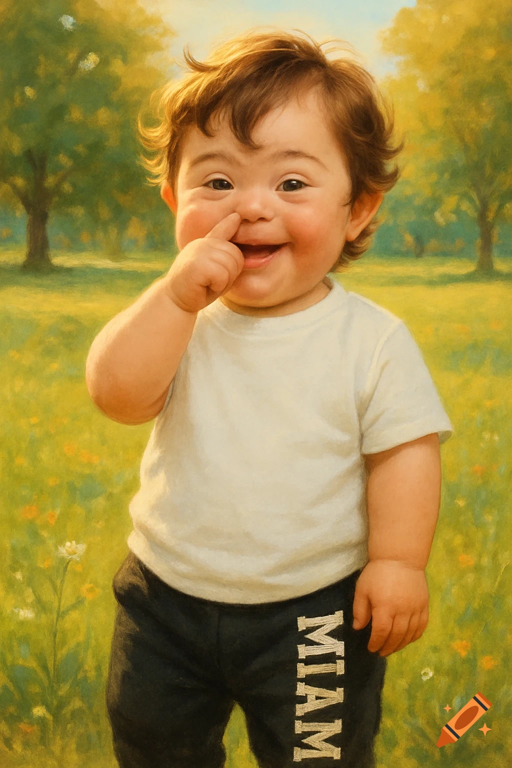 A smiling baby boy with brown hair, wearing a white shirt and black pants that say 'MIAMI', picks his nose in a sunny, green field, painted in an artistic style.