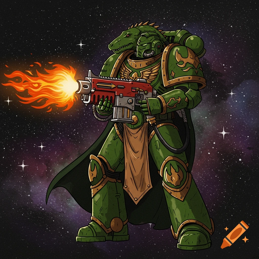 A green Salamander Space Marine with a reptilian head on his shoulder, firing a flamer against a starry space background.