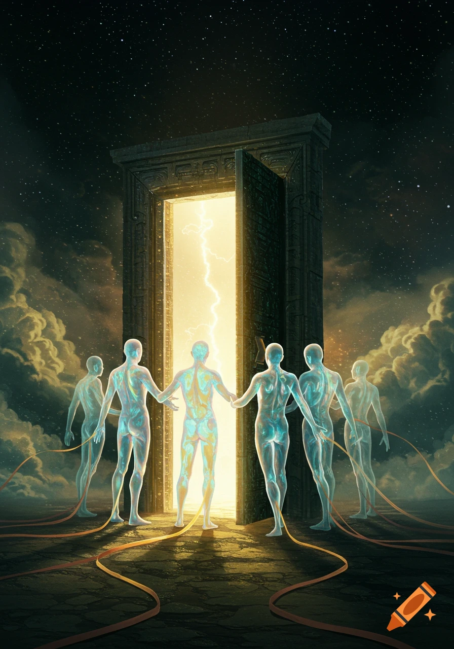Translucent figures stand before a glowing portal with lightning, against a starry sky with clouds.