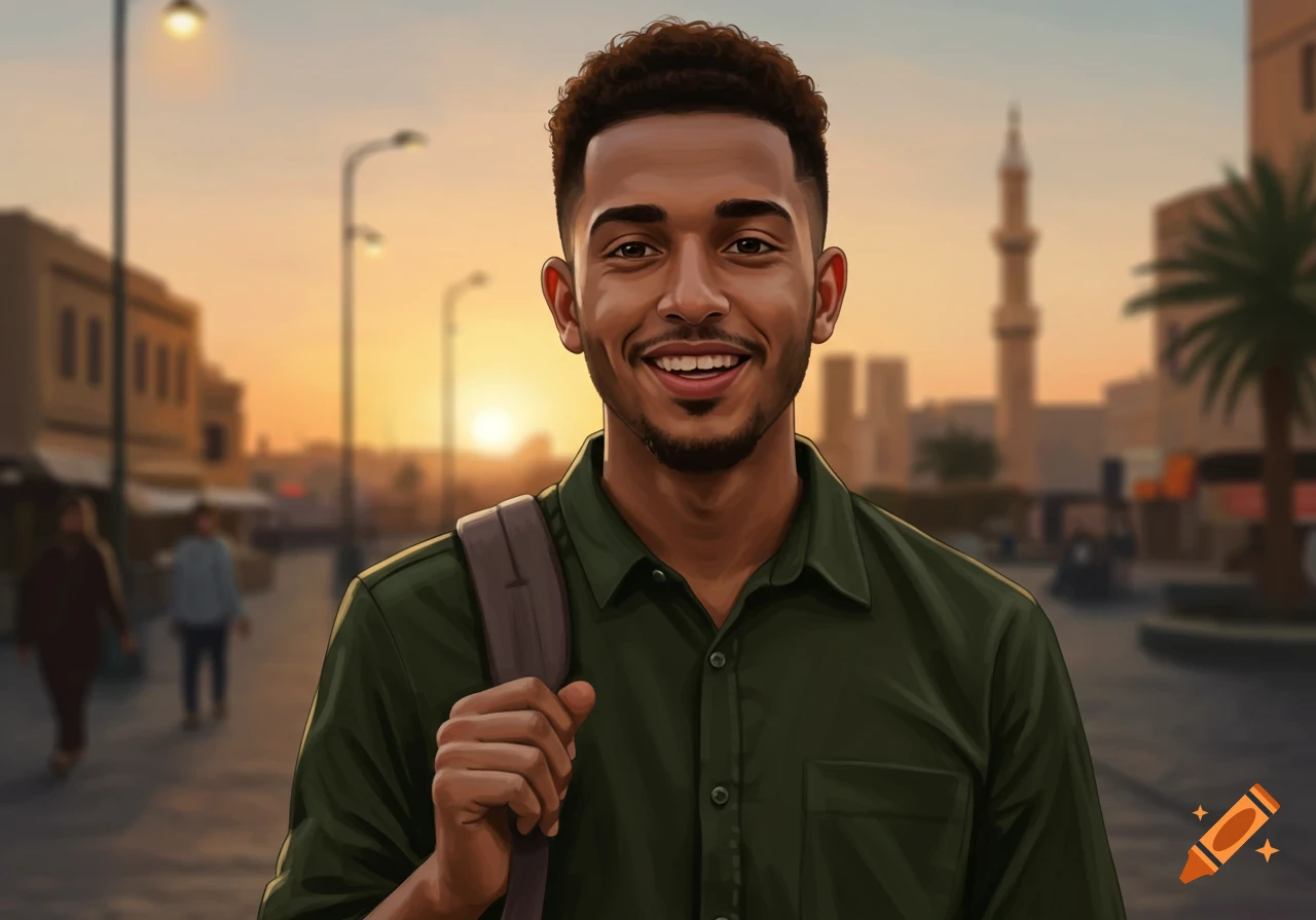 A smiling young man with dark, curly hair and an olive skin tone wears a dark green shirt and backpack, standing on a street at sunset, in an illustrative style.