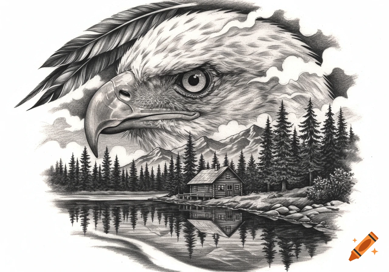 A black and white pencil drawing of an eagle's head overlooking a serene lake with a cabin and mountains.