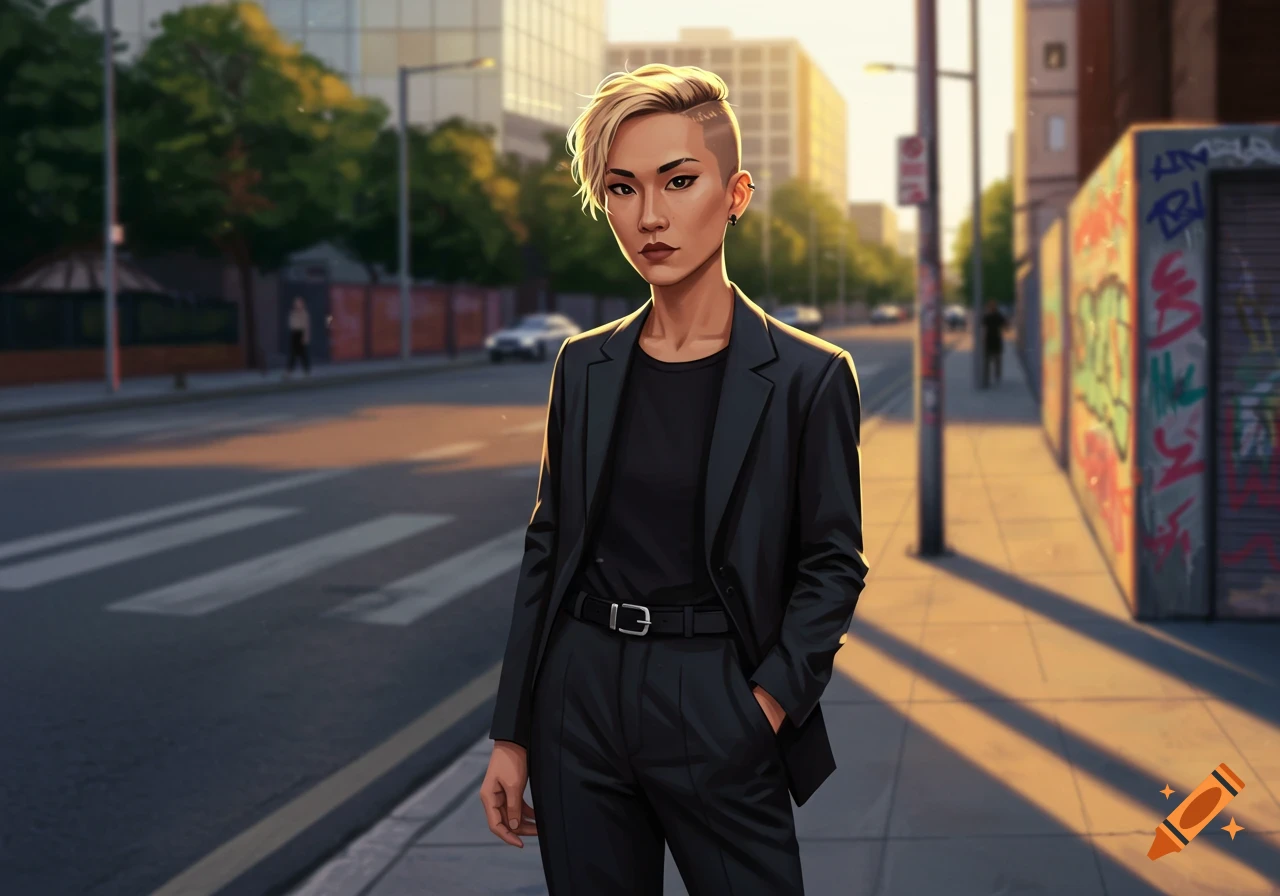 A stylized illustration of a woman with short blonde hair and shaved sides, wearing a black suit, standing on a sunlit city street.