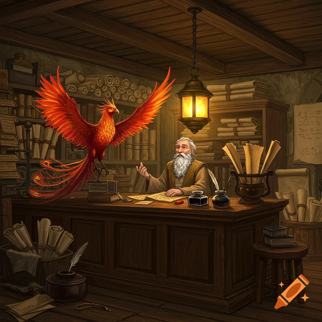An old, white-bearded man sits at a wooden desk, looking at a vibrant red phoenix perched on books beside him in a dimly lit, scroll-filled room.
