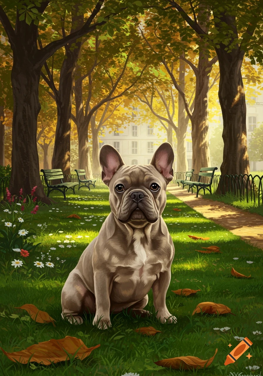 A cute French bulldog sits in a sunny park surrounded by green grass, autumn leaves, and trees, in an illustrated style.