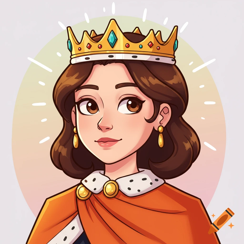 A headshot of a cartoon white woman with brown hair and brown eyes, wearing a gold royal crown and an orange cape with a fur collar.