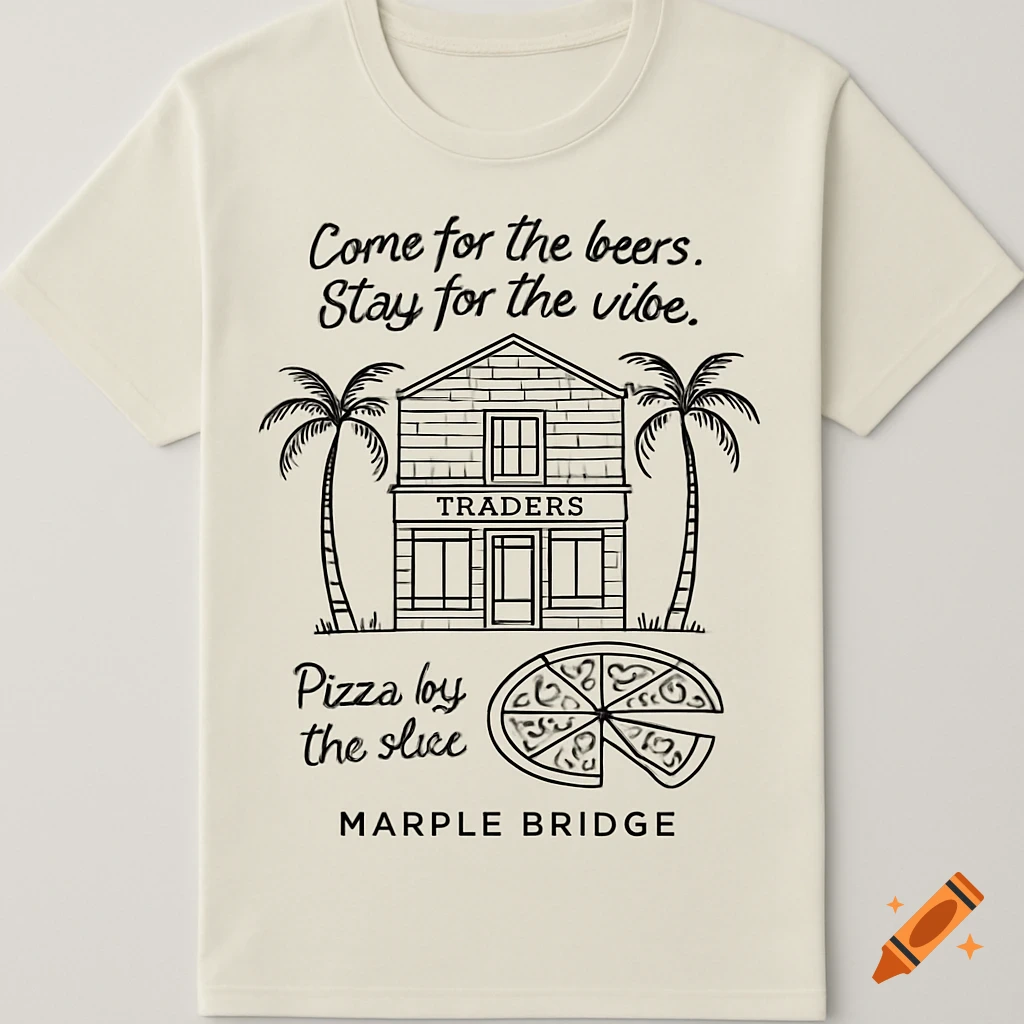 Off-white t-shirt with a black line-art design featuring a building, palm trees, a pizza, and text including 'Come for the beers. Stay for the vibe.'