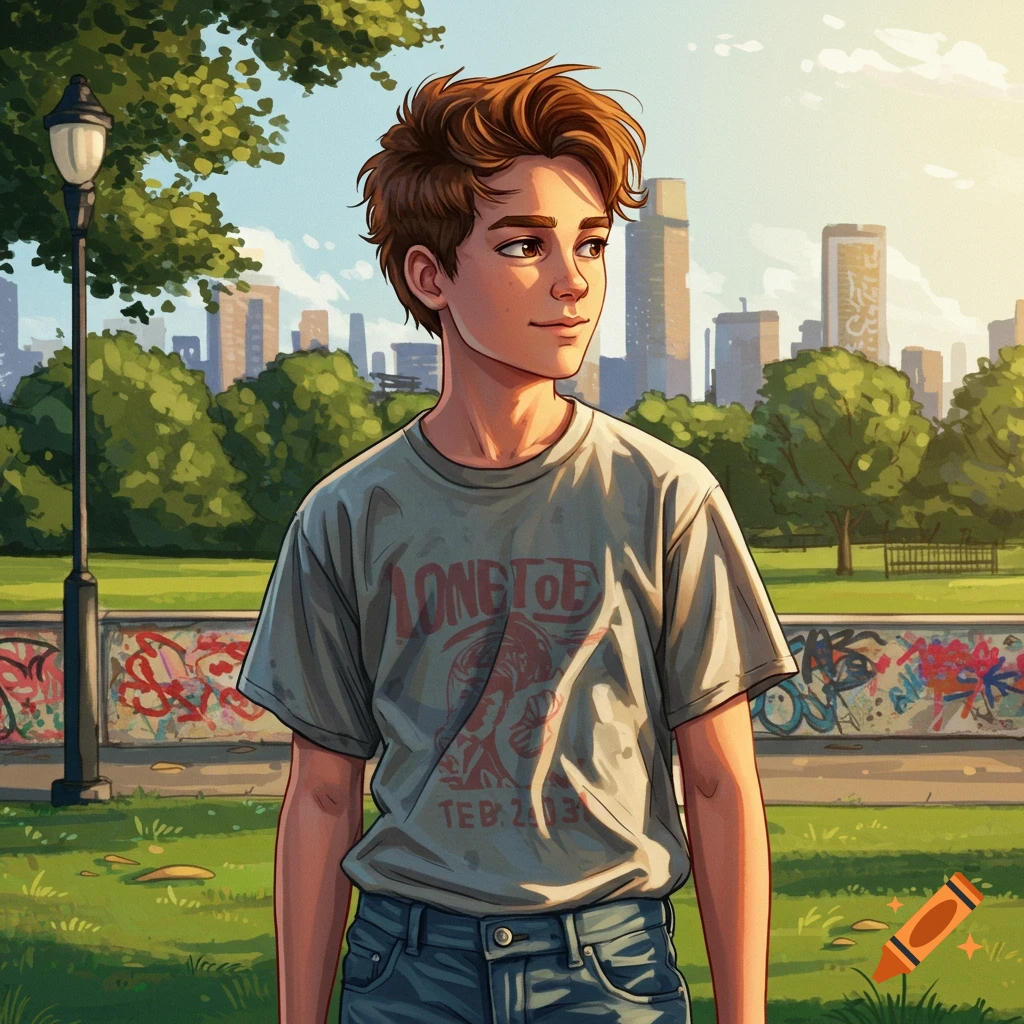 A comic-style illustration of a brown-haired teenage boy in a park, looking right. A city skyline is in the background.