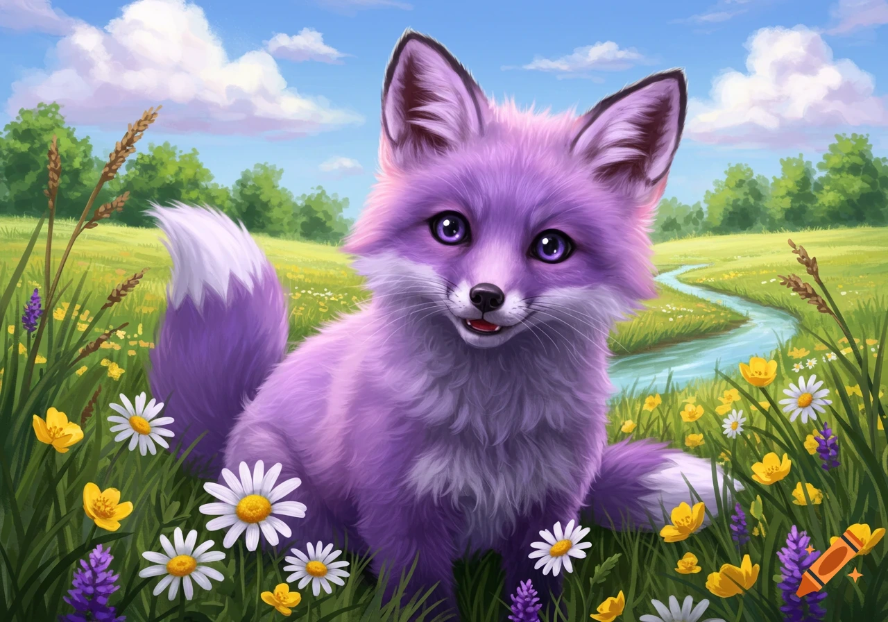 A cute purple baby fox with large ears sits among white and yellow flowers in a green field with a stream under a blue sky.