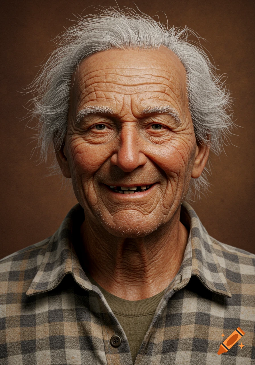 Close-up photorealistic portrait of an elderly man with a weathered, wrinkled face, disheveled white hair, and a wide smile showing missing teeth, wearing a plaid shirt against a brown background.