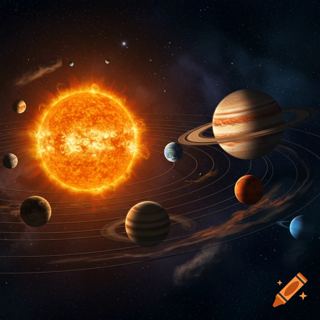 An illustration of the solar system showing the bright Sun at the center with planets orbiting around it against a starry cosmic background.