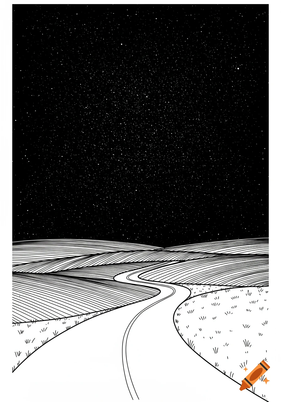 A winding road through rolling hills under a starry night sky, in black and white line art style.