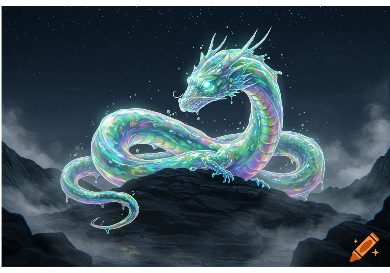 An iridescent, multi-colored dragon made of slime coils on dark rocks under a starry night sky.