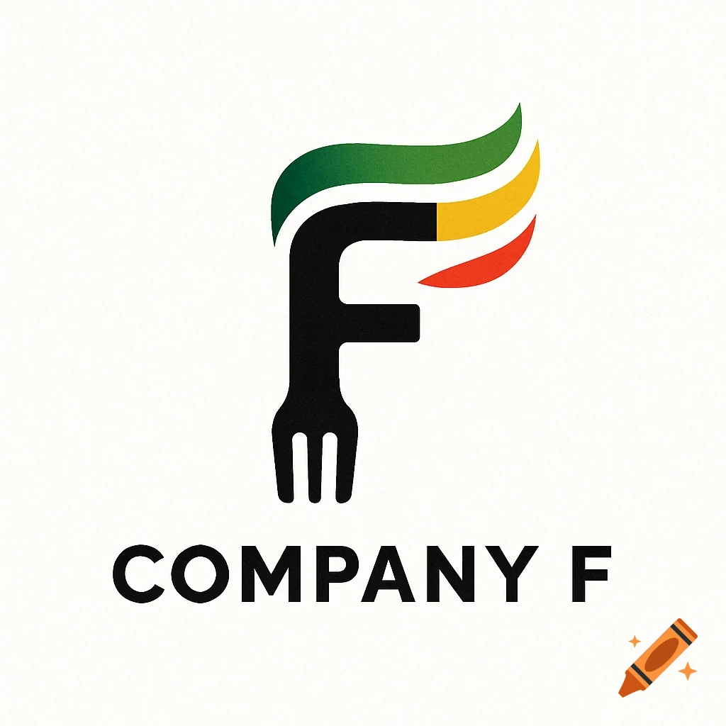 A simple black logo with the letter F that incorporates a fork, topped with green, yellow, and red wavy elements, and the words "COMPANY F" below.