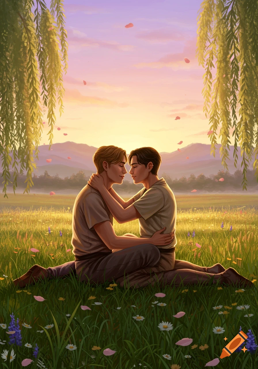 Two male lovers embrace in a grassy field at sunset under willow trees, digital art.