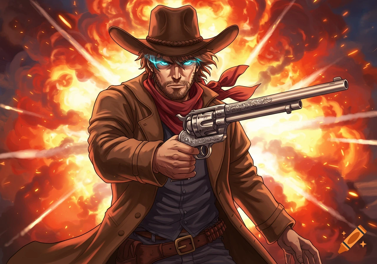 An anime cowboy with glowing blue eyes points a detailed silver revolver towards the viewer, set against a fiery explosion background.