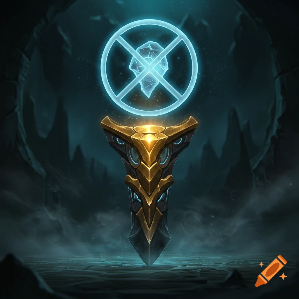 A golden fantasy emblem with a glowing blue no-symbol and crystal above it, in a dark, mysterious setting.