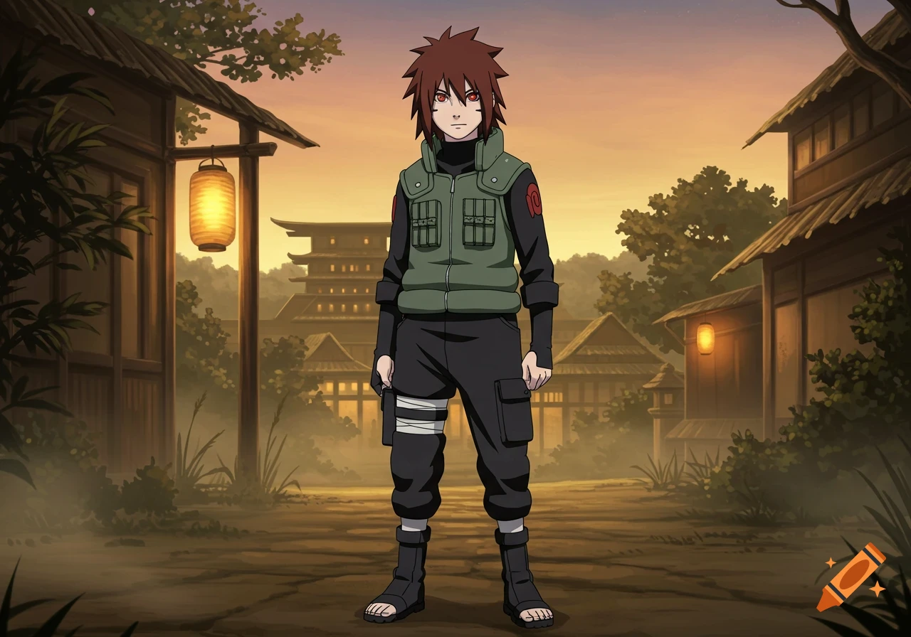 A red-eyed boy with spiky brown hair, wearing a green vest and black shinobi pants, stands in an anime village setting at sunset.