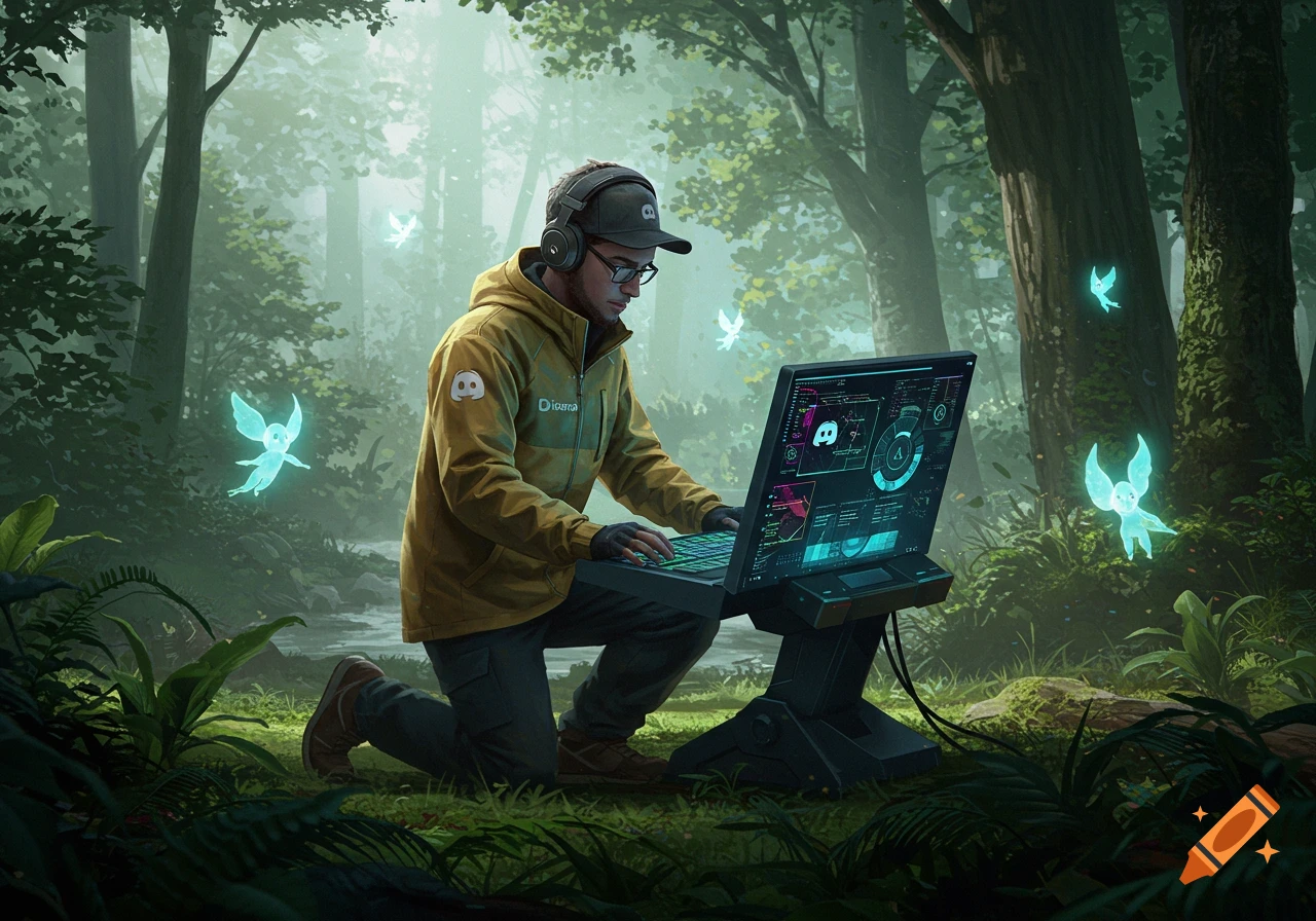A man in a yellow jacket and headphones kneels in a misty forest, typing on a glowing laptop screen while surrounded by luminous, fairy-like creatures.
