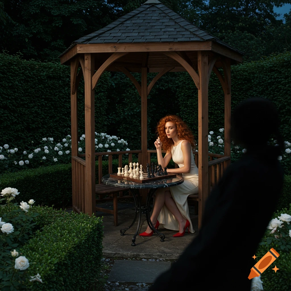A red-haired woman in a cream dress plays chess in a garden gazebo. A dark silhouette stands in the foreground.