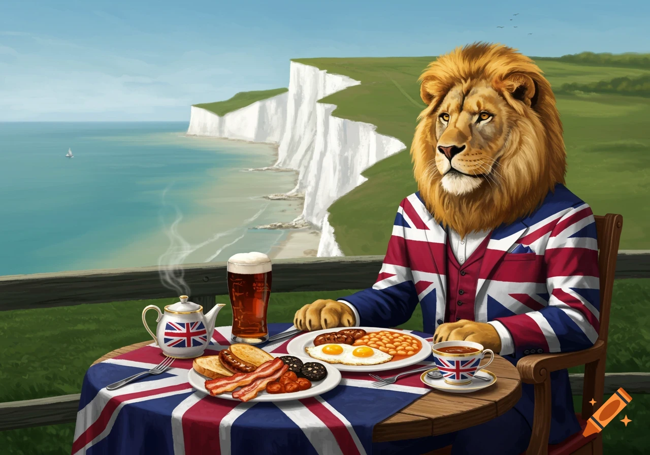 A lion in a Union Jack suit eats a full English breakfast at a table with a Union Jack tablecloth, overlooking the White Cliffs of Dover.