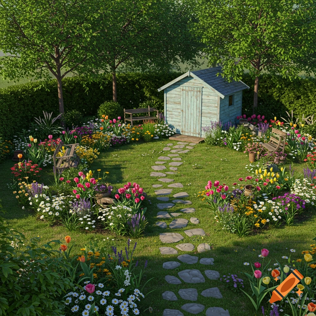 A photorealistic aerial view of a vibrant circular garden with a stone path leading to a small blue shed surrounded by colorful flowers and green trees.