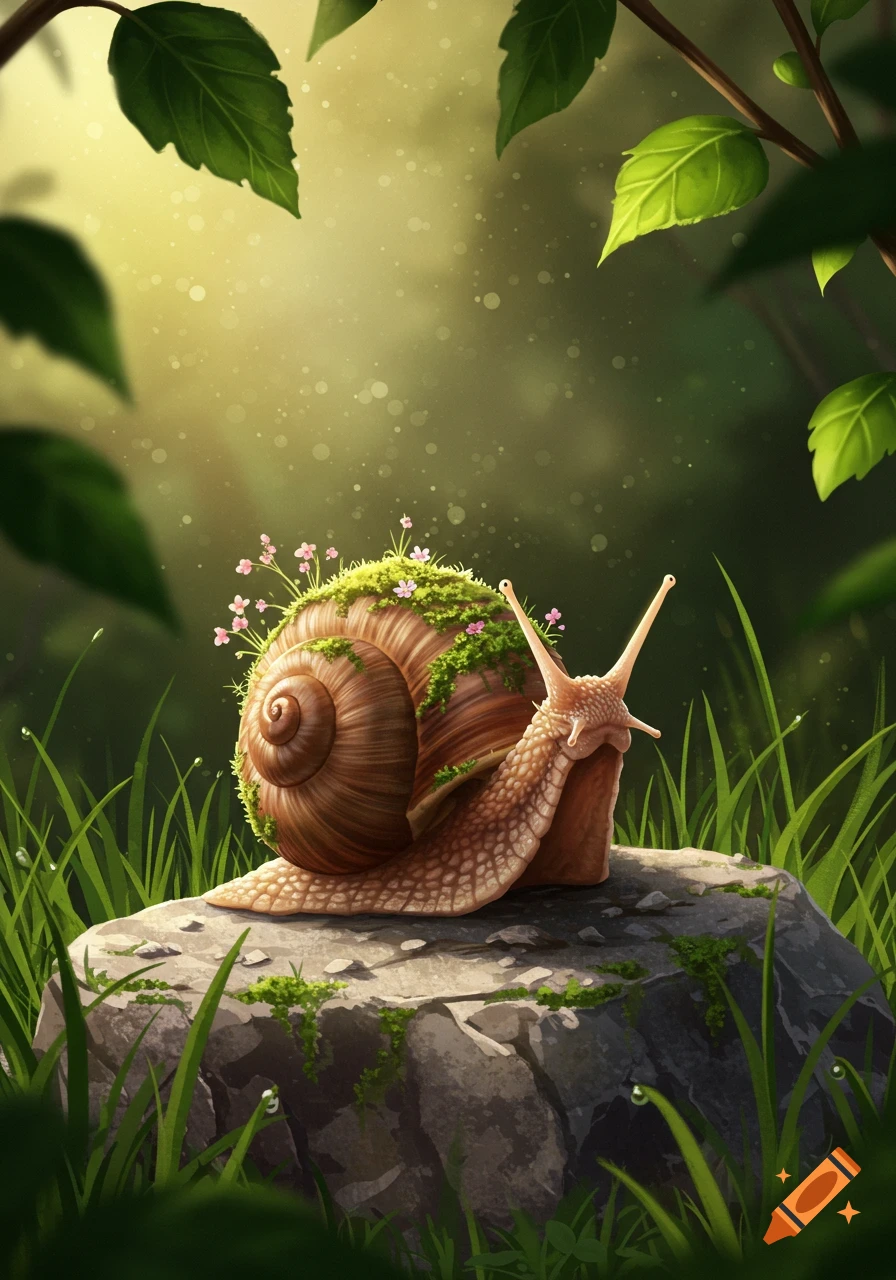 A close-up of a brown snail with moss and pink flowers on its shell, resting on a mossy rock in a sunlit forest.