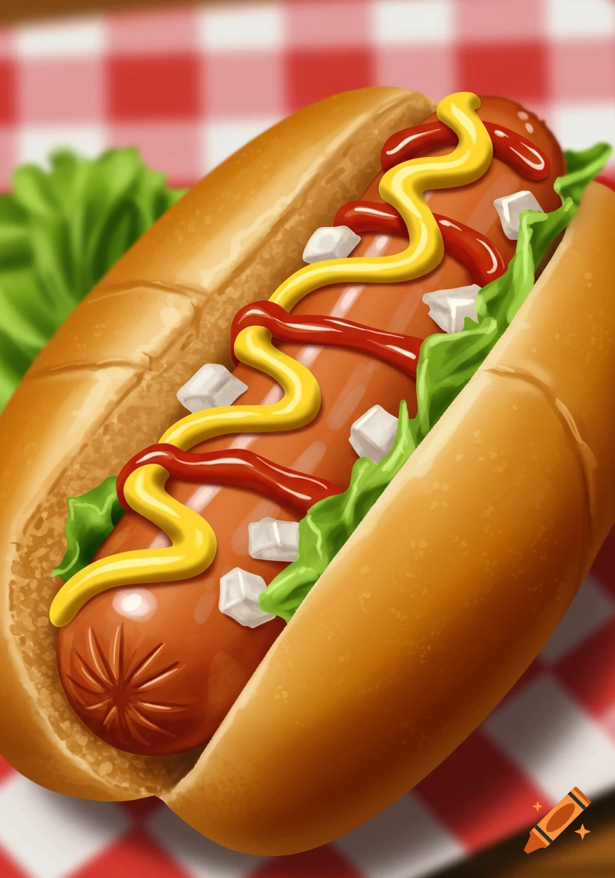 A cartoon-style hot dog on a red and white checkered tablecloth.