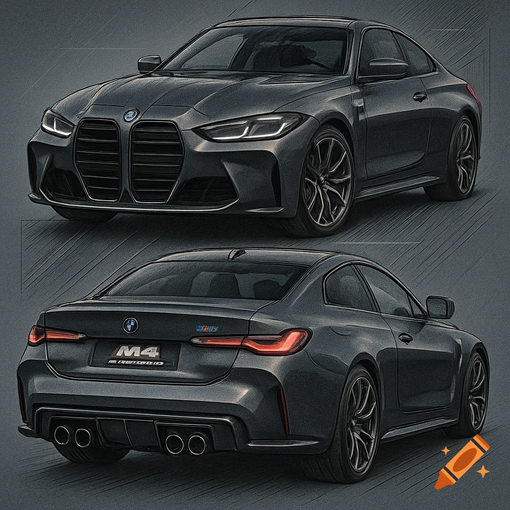 A top and rear view of a dark gray BMW M4 Competition car in a detailed sketch-like illustration style.