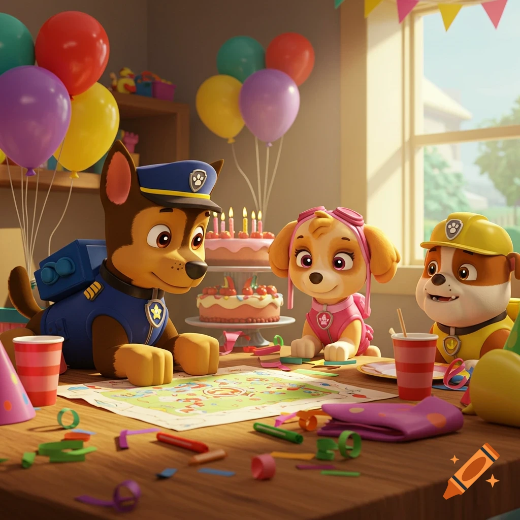 Paw Patrol characters Chase, Skye, and Rubble at a birthday party with cakes and balloons.