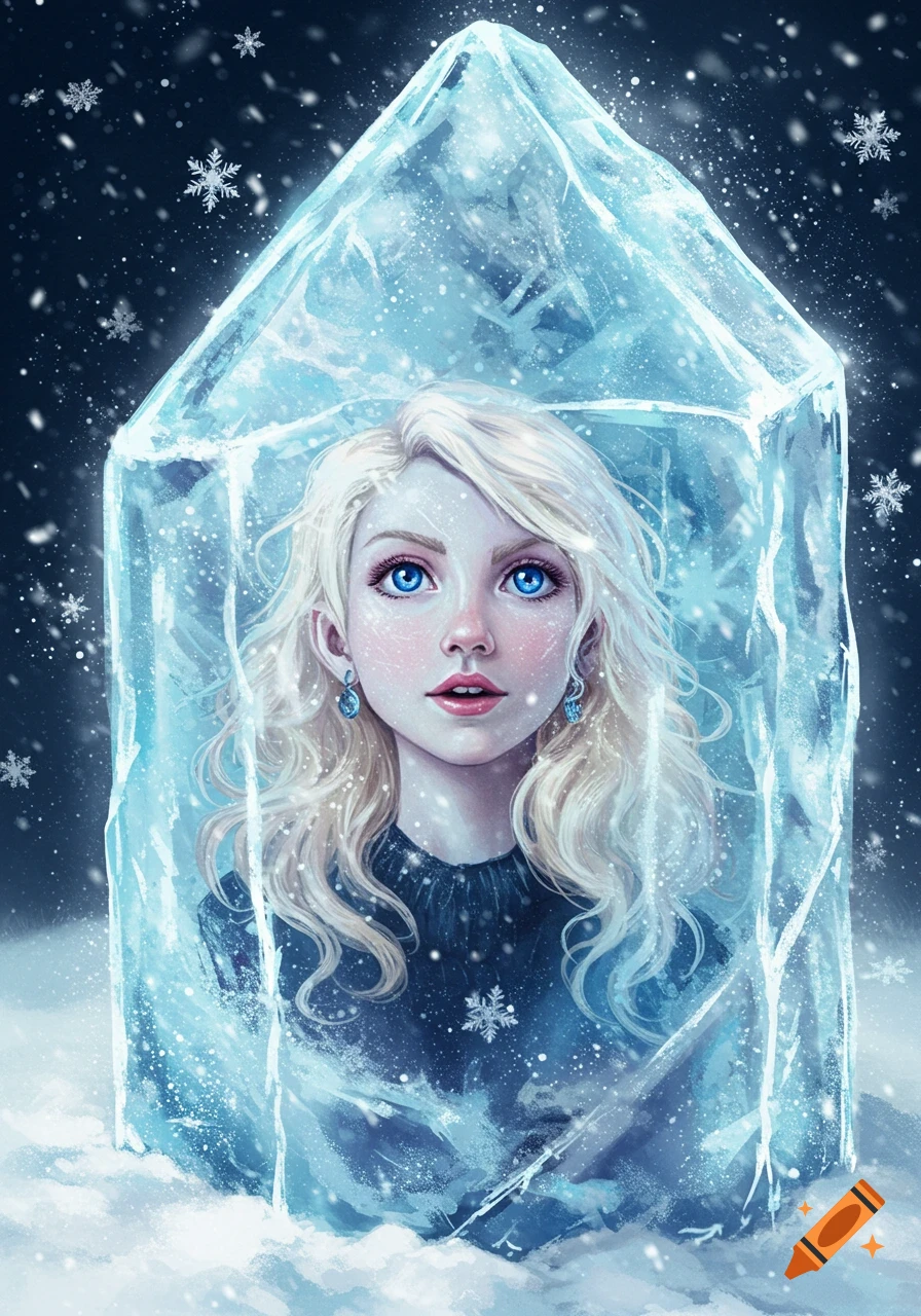 Digital painting of a blonde girl with blue eyes, resembling Luna Lovegood, frozen inside a large ice block as snow falls around her.
