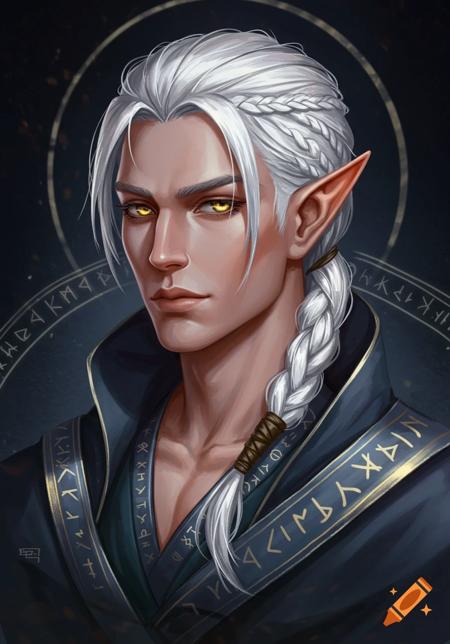 Portrait of a male half-elf with long silver hair braided, golden eyes, and pointed ears, wearing a dark blue robe with golden runes.