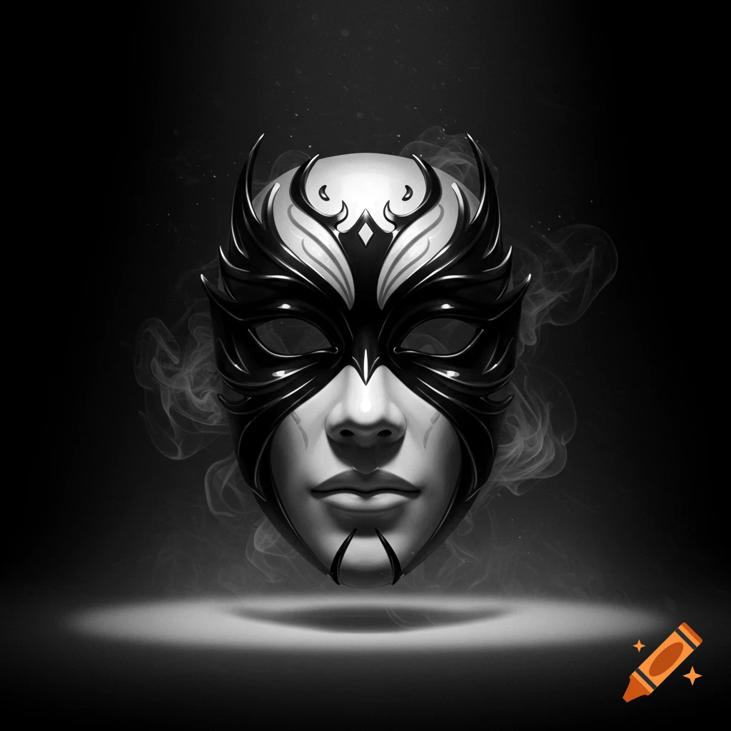 A stylized black and white mask with intricate details and smoke effects against a dark background.