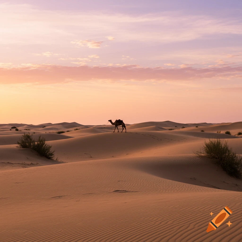 A lone camel walks across vast sand dunes under a vibrant sunset sky in a desert landscape.