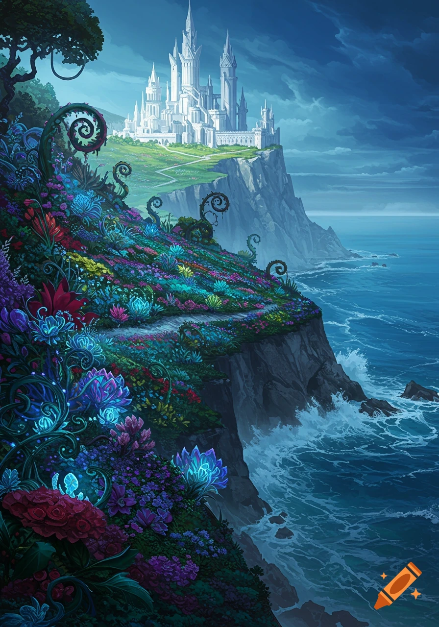 A vibrant fantasy landscape with a white castle on a cliff overlooking a chaotic sea, surrounded by a garden of glowing, colorful, bizarre plants.
