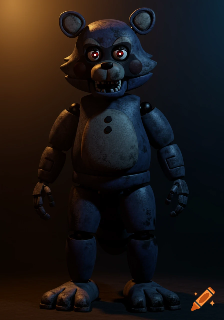 A dark blue-gray animatronic raccoon character with glowing red eyes stands in moody, low-key lighting.