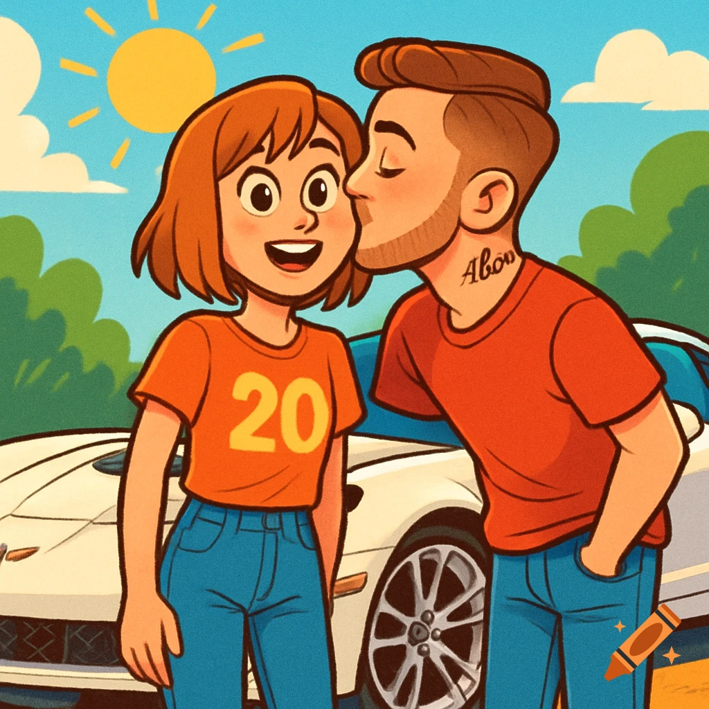 A cartoon couple, a man with a beard kisses a woman with short brown hair. She wears an orange shirt with '20'. A white car is in the background on a sunny day.