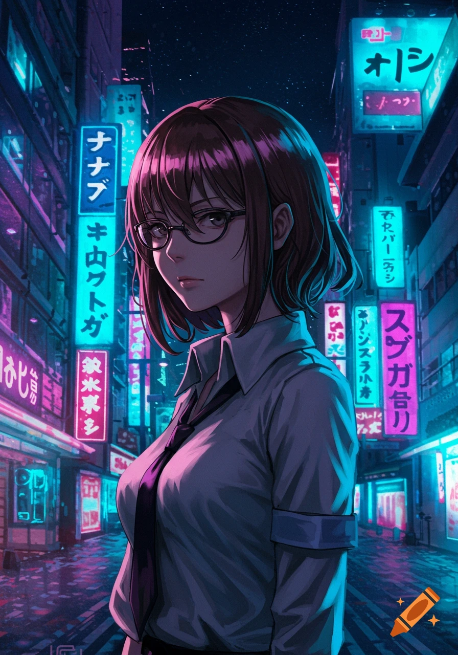 An anime woman with short brown hair and glasses stands in a neon-lit cyberpunk city street at night, looking forward.