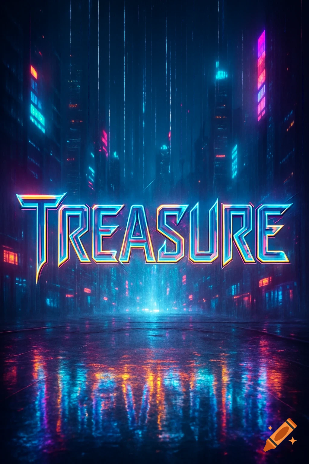 Neon glowing 'TREASURE' text in a futuristic cyberpunk city with reflections on the ground.