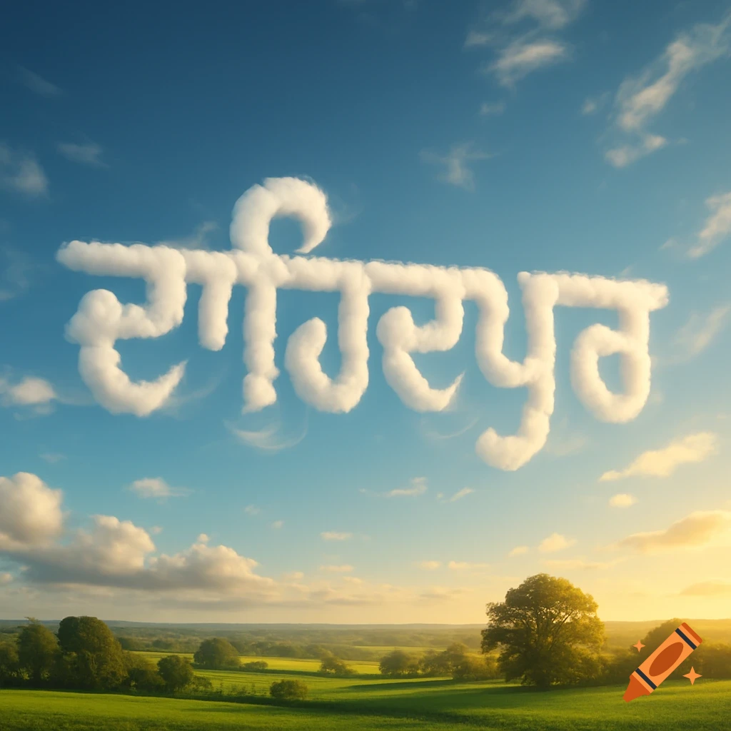 Clouds in the sky form the Gurmukhi word 'ਦਾਉਦਪੁਰ' over a green, sunlit landscape with trees, photorealistic.