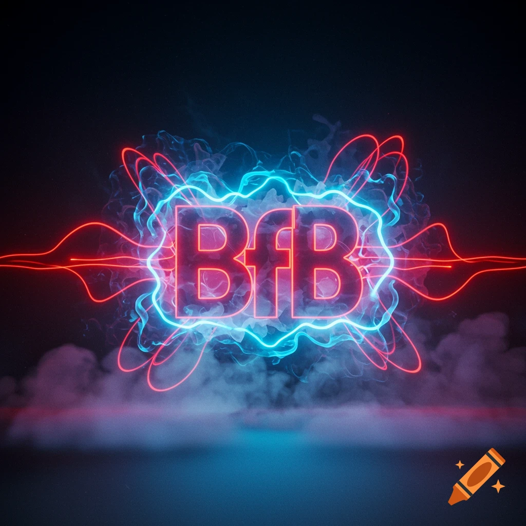 Neon blue and red glowing text 'BfB' surrounded by energy and smoke on a dark background.